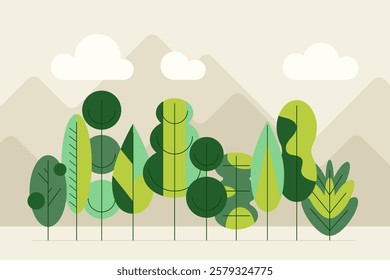 Green trees border in geometric style. Forest foliage plants in row. Mixed wood panorama with stylized trunks and crowns. Flat vector bauhaus abstract illustration of woodland