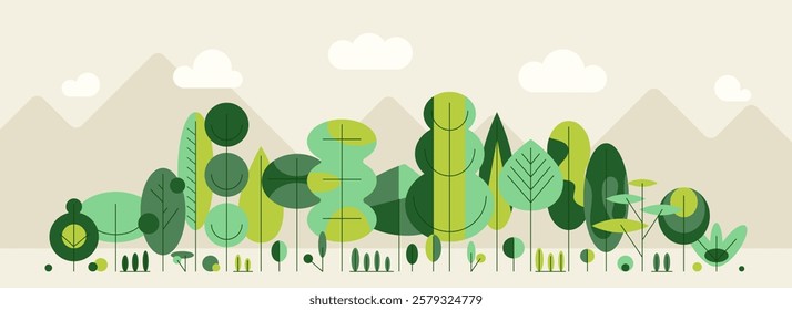 Green trees border in geometric style. Forest foliage plants in row. Mixed wood panorama with stylized trunks and crowns. Flat vector bauhaus abstract illustration of woodland