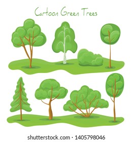 Green Trees and bush Set. Vector Illustration of a set of cartoon spring or summer trees, bushes and ground. Summer forest trees in cartoon style. Hand drawn vector illustration of green forest trees 