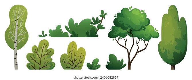 Arboles verdes y arbustos. Bosques, jardines o parques. Colección de ilustraciones de vectores de vegetación de primavera o verano. Colección de caricaturas para banners, tarjetas, cubiertas, diseño web.