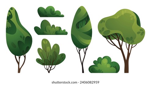 Green trees and bushes set. Forest, garden, or park landscape plants. Collection of spring or summer vegetation vector illustrations. Cartoon plants collection for banners, cards, covers, web design.