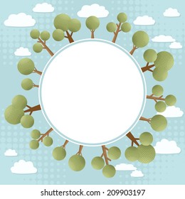 Green trees by edge of round banner. Flying forest in soft blue sky with clouds. Spotted technique illustration. Copy space. Vector file is EPS8, all elements are grouped.