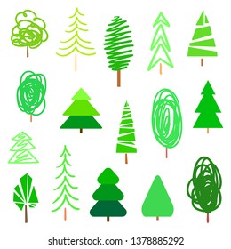 Green trees and christmas trees on white. Set for design. Objects of nature for polygraphy, flyers, t-shirts and banners