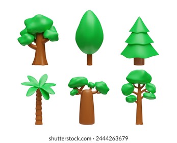 Conjunto de Ilustraciones vectoriales realistas 3D de colección de árboles verdes. Render palma, ciprés, roble, abeto y baobab planta forestal. Flora activo del juego, naturaleza elemento de diseño de volumen textura de plastilina aislado