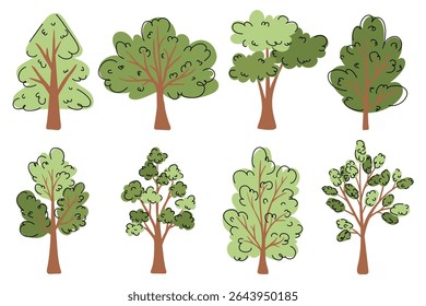 Green trees collection in hand drawn flat style. Woods doodle symbols set. Spring and Summer trees. Artistic forest tree icons for presentations, website, ads, school, kids, infographics, packaging. 