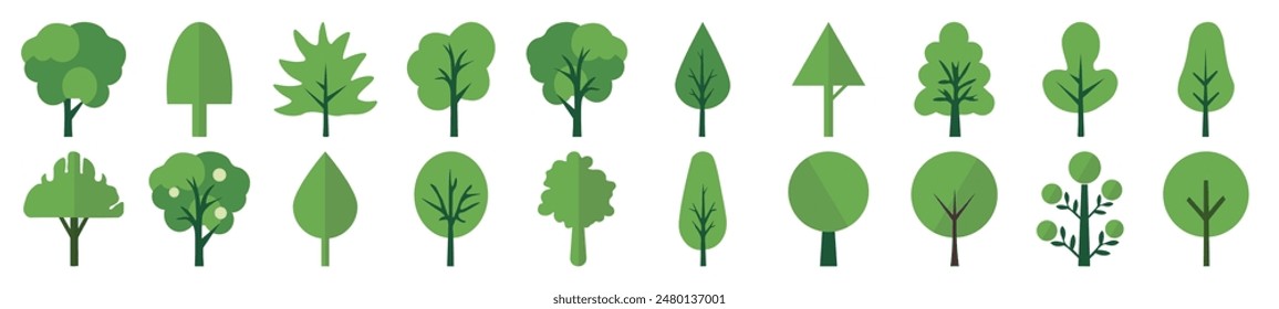 Árboles verdes Ilustraciones de color en Colección de estilo plano. Adecuado para infografías, libros, Anuncios y otros diseños