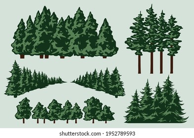 Green trees composition in vintage style isolated vector illustration