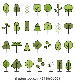 Green trees with dark strokes. A collection of tree illustrations. Wood for every taste. EPS 10.