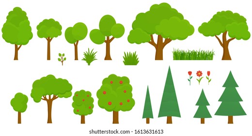 Green trees in a flat style. Vector set isolated on white background. Deciduous and coniferous trees of various shapes for landscape or game design. Collection of environmental infographic elements.