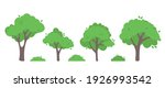 Green trees flat vector illustration. Beautiful green leaves isolated on white. Spring time trees. Natural forest plant. Ecology garden template.

