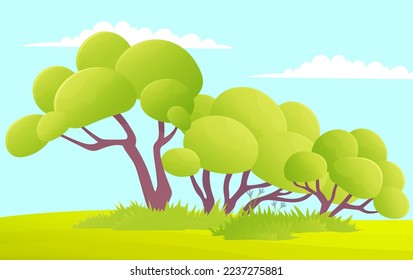 Green trees flat vector illustration. Beautiful green leaves, bushes, grass on glade. Spring time trees. Natural forest plant. Ecology garden template. Scene with many trees against blue sky and lawn