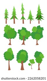 Green trees flat vector illustration. Pine, fir tree, oak, maple. Beautiful green leaves isolated on white. Natural forest plant for landscaping. Ecology garden template. Spring season trees.