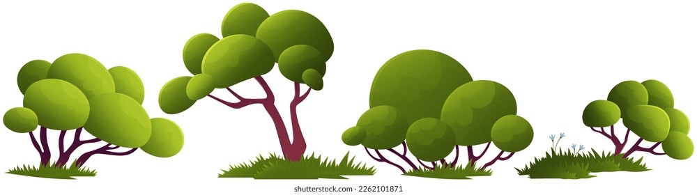 Green trees flat vector illustration. Beautiful green leaves, bushes, grass on glade. Spring time trees. Natural forest plant. Ecology garden template. Scene with many trees isolated on white