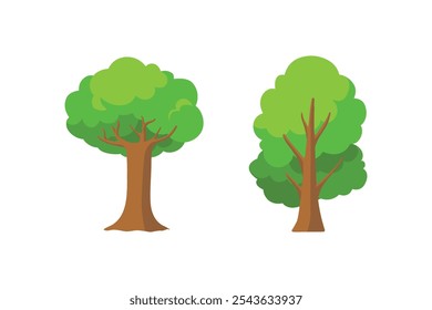 Green trees flat vector illustration. Beautiful green leaves isolated on white. Natural forest plant. Ecology garden template.