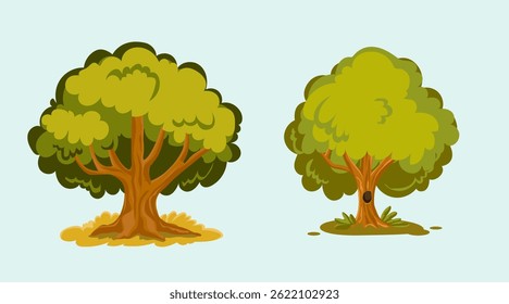 Ilustração vetorial plana de árvores verdes. Lindas folhas verdes isoladas no branco. Árvores da primavera. Planta florestal natural.