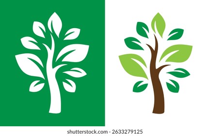 Green trees flat vector illustration. Beautiful green leaves isolated on white. Spring time trees. Natural forest plant. Ecology garden template.