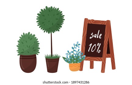 Green Trees and Flowers Rested in Ceramic Pot and Chalkboard with Sale Advertisement Vector Set