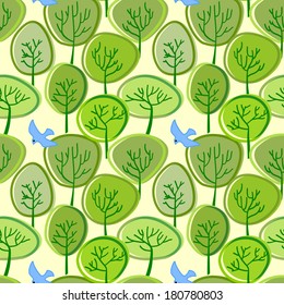 Green trees forest with a blue bird summer seamless pattern, vector