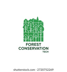Green trees forest conservation tech logo with text on transparent background. Save trees natural park symbol.