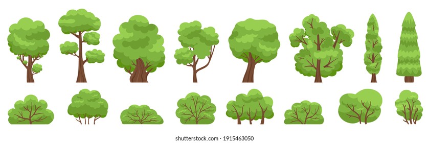 Green trees. Forest or garden bush and tree, woody foliage green branches. Nature forest and park green trees vector illustration set. Bush green and trees environment shape