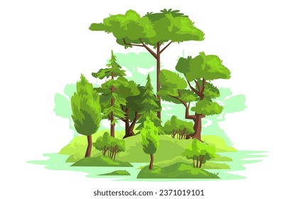 Green trees in forest on white background, vector illustration