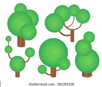 Green trees in futuristic style. Textured trees clipart. Round tree crown with 3D effect. Forest elements isolated on white. Vector trees with round crowns. Cartoon forest clip art. Summer plants