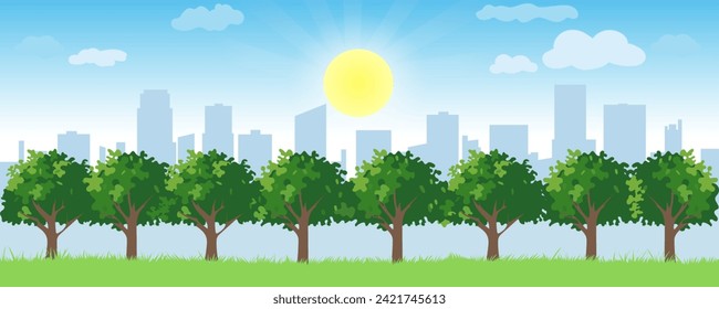 Árboles verdes y hierba en el parque, en medio de siluetas de la ciudad, cuando el tiempo lo permite. Paisaje panorámico para el diseño. Ilustración vectorial para afiches, banner, impresión.