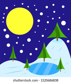 green trees grow in winter near the lake covered with ice, snow falls in the sky the full moon shines the background for the cold season is clean and there is nobody around