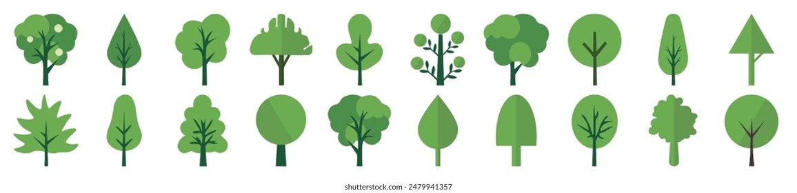 Green Trees Icons in Flat Style Collection. Suitable for infographics, books, banners and other designs