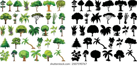 Green Trees Icons in Flat Style Collection. Suitable for infographics, books, banners and other designs Big set of tree silhouettes. Trees of different natural zones, vector illustration.