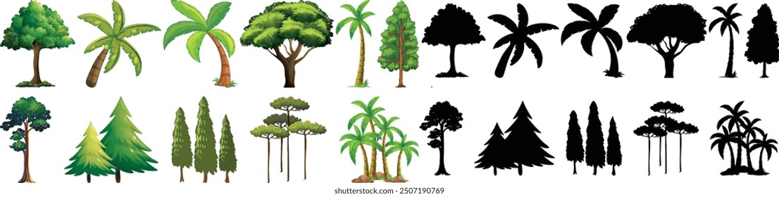 Green Trees Icons in Flat Style Collection. Suitable for infographics, books, banners and other designs Big set of tree silhouettes. Trees of different natural zones, vector illustration.