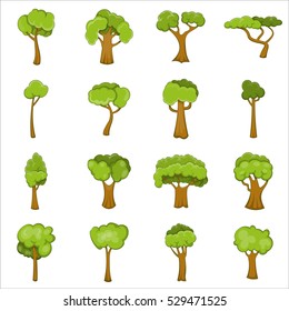 Green trees icons set. Cartoon illustration of 16 green trees vector icons for web. Forest signs isolated