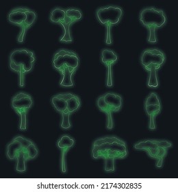 Green trees icons set. Illustration of 16 green trees vector icons neon color on black