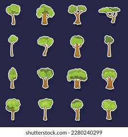 Green trees icons set stikers collection vector with shadow on purple background