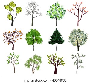green trees icons, spring nature collection