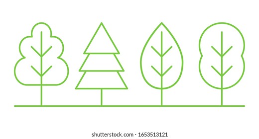 Green trees line art icon set plants vector illustration isolated on white background