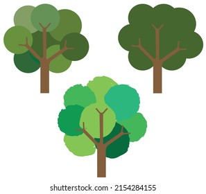 Green trees, low deciduous trees, beautiful green leaves of different shades of green, on white. Trees in the spring. Natural forest plant. Ecological garden, template. Vector.eps