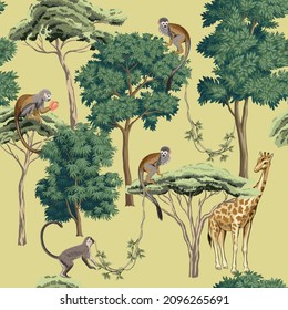 Green trees, monkey, giraffe animal seamless pattern yellow background. Botanical landscape wallpaper.