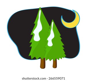 Green Trees and Moon at Night