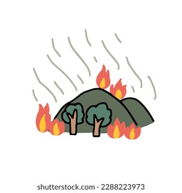 Green trees mountain and orange flames vector illustration. Ecology or environment, nature, danger concept