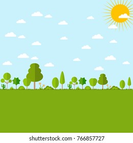 Green trees nature landscape bright day. Green Eco Earth. Vector illustration. Environment day concept.