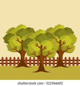 green trees near a wooden fence. landscape background. colorful design. vector illustration