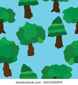 green trees on blue background seamless pattern. Simple hand painted green trees on blue background seamless pattern. Good for textile, fabric, wallpaper, backgrounds and more.