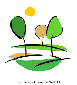 Green trees on the hill at sunny day. Idyllic, spring or summer landscape vector flat illustration isolated on white background
