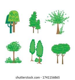 Árboles verdes sobre fondo blanco aislado de plano de caricatura, ilustración vectorial.