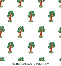 Green trees on a white background. Seamless pattern in the style of a child's pencil drawing. Background, wallpaper, fabric, wrapping paper.
