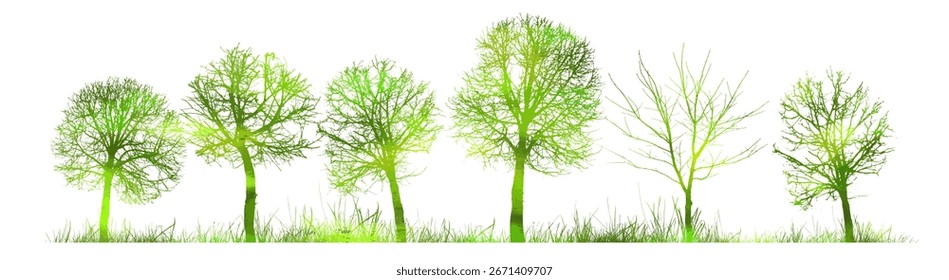 Árvores verdes no parque . desenhadas à mão. Não AI, ilustração Vetorial.