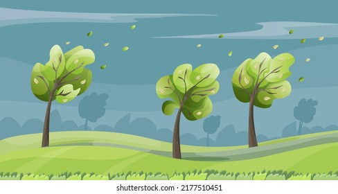 Árboles verdes en el parque en un clima ventoso y nublado. 
Cae hojas y sopla fuerte viento. Ilustración horizontal plana vectorial.