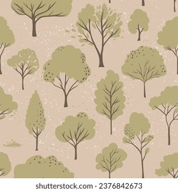 Green trees pattern on brown kraft paper, seamless background for environmental and eco friendly products design. Vector nature illustration.