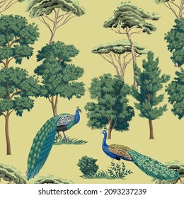 Grüne Bäume, Pfauenvogel, nahtlos gelber Hintergrund. Botanische Landschaftsbilder.
